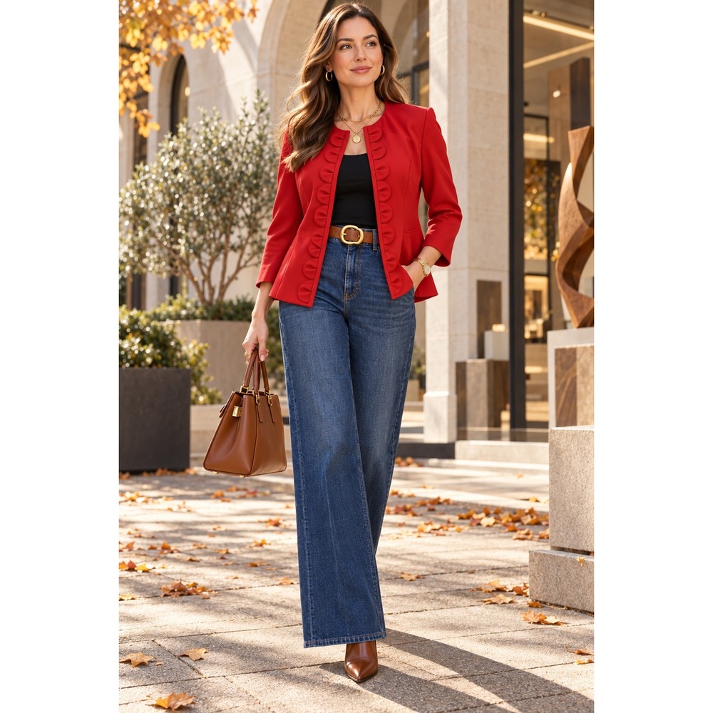 Chic Boss Lady Red Scalloped Rosette Trim Collarless Blazer Jacket Preppy Sz 8